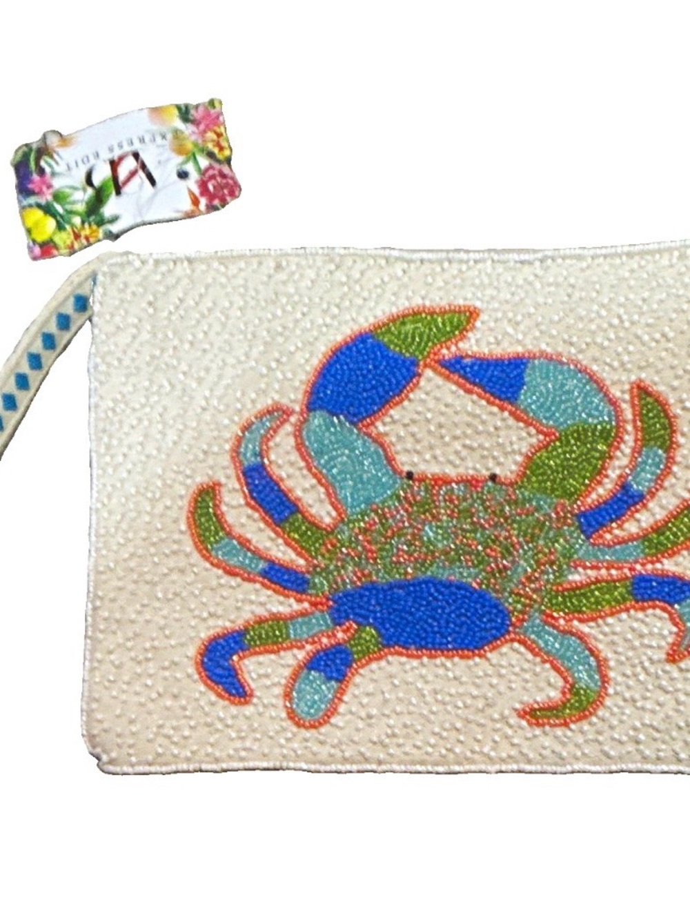 Kids Beaded Crab Wristlet Pouch - White with Blue & Green Crab